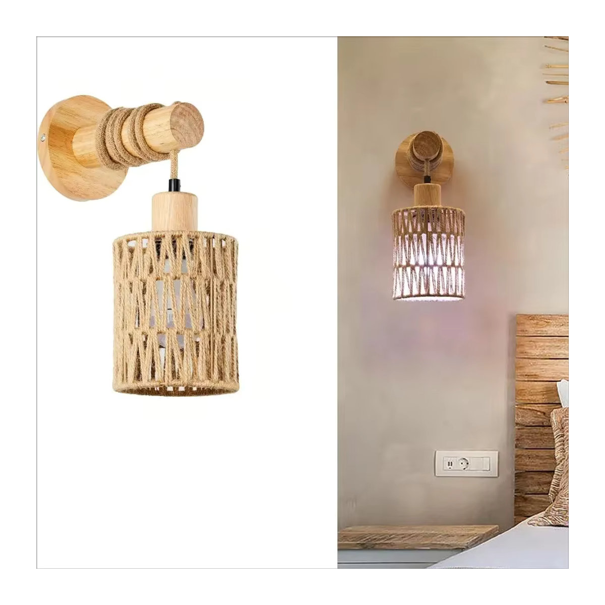 JOYINLED Wandleuchte im Hanfseil-Design mit zylindrischem Lampenschirm aus Holz in Natur für Schlafzimmer und Landhausstil - Bild 4