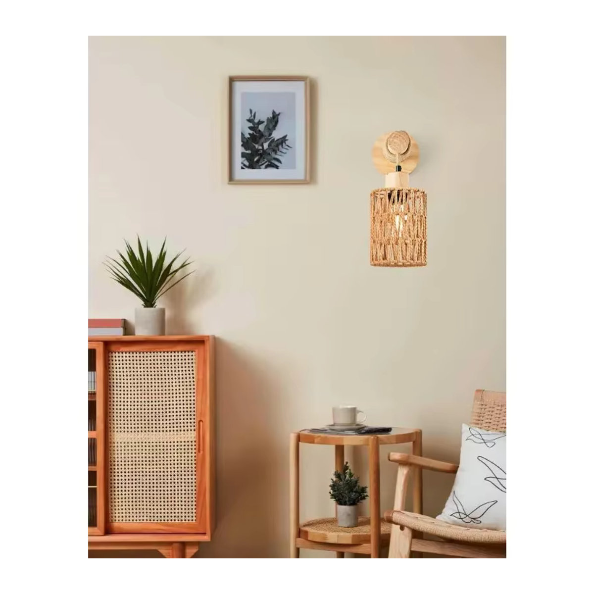 JOYINLED Wandleuchte im Hanfseil-Design mit zylindrischem Lampenschirm aus Holz in Natur für Schlafzimmer und Landhausstil - Bild 5