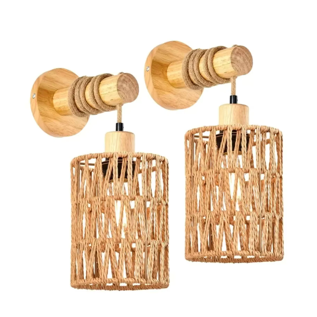 JOYINLED Wandleuchte im Hanfseil-Design mit zylindrischem Lampenschirm aus Holz in Natur für Schlafzimmer und Landhausstil - Bild 7