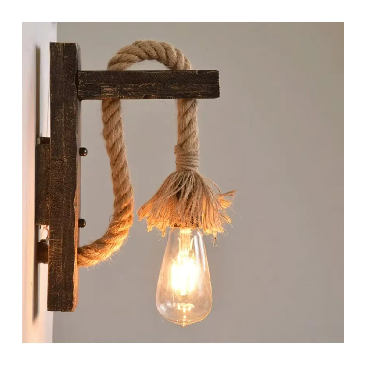 JOYINLED Wandleuchte im Vintage-Stil aus Holz mit Hanfseil in Natur und Braun für Loft und Flur - Bild 1