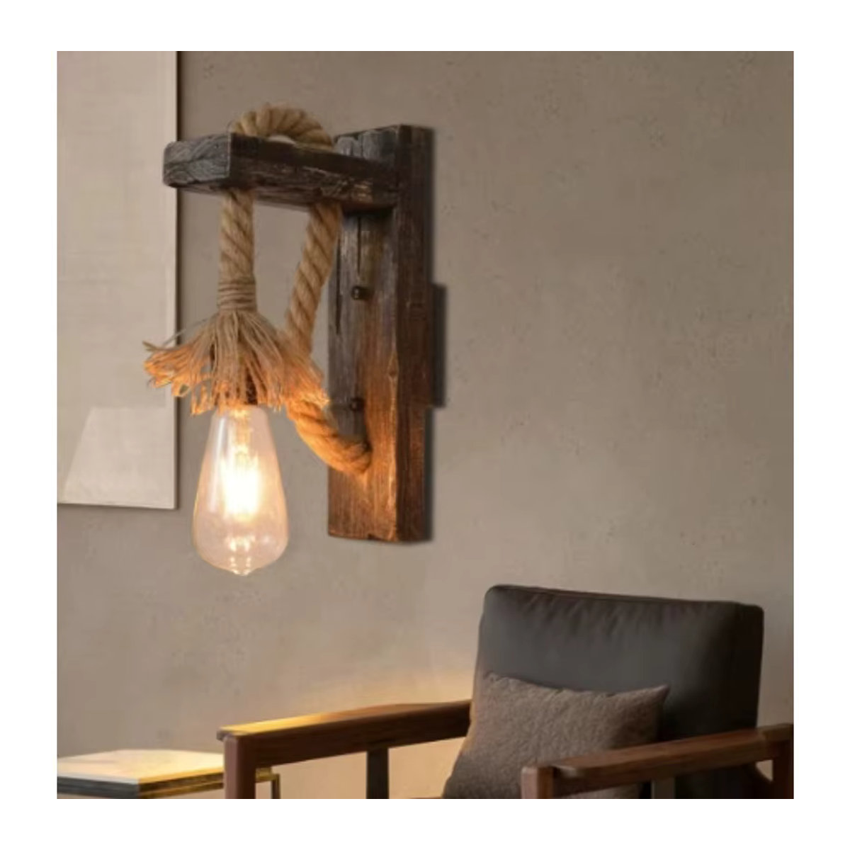 JOYINLED Wandleuchte im Vintage-Stil aus Holz mit Hanfseil in Natur und Braun für Loft und Flur - Bild 2