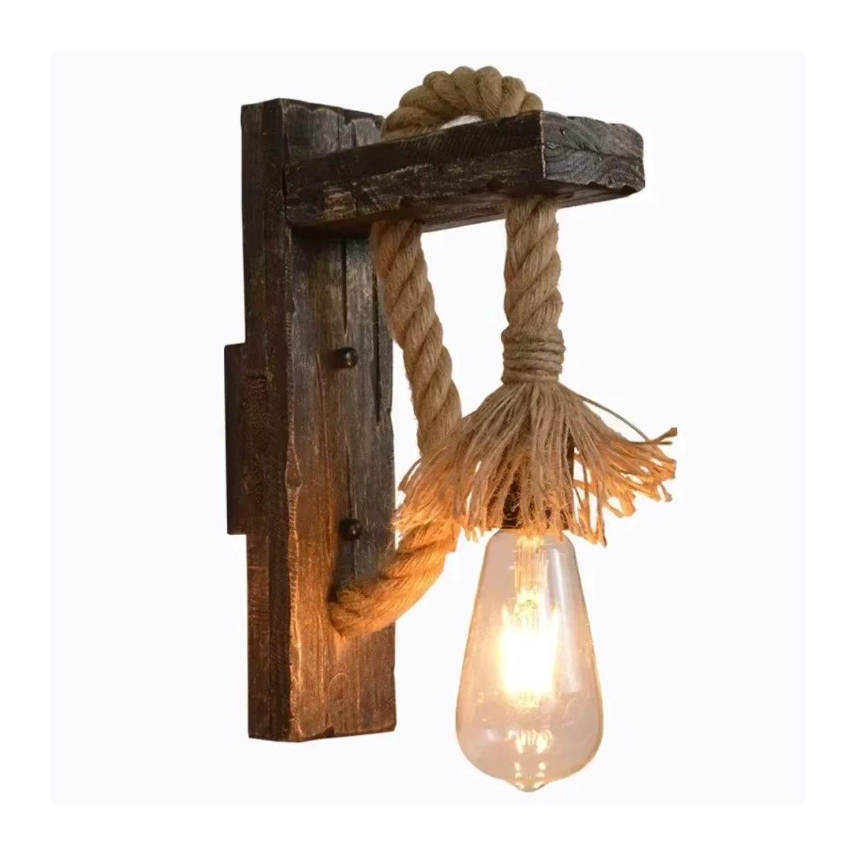 JOYINLED Wandleuchte im Vintage-Stil aus Holz mit Hanfseil in Natur und Braun für Loft und Flur - Bild 4