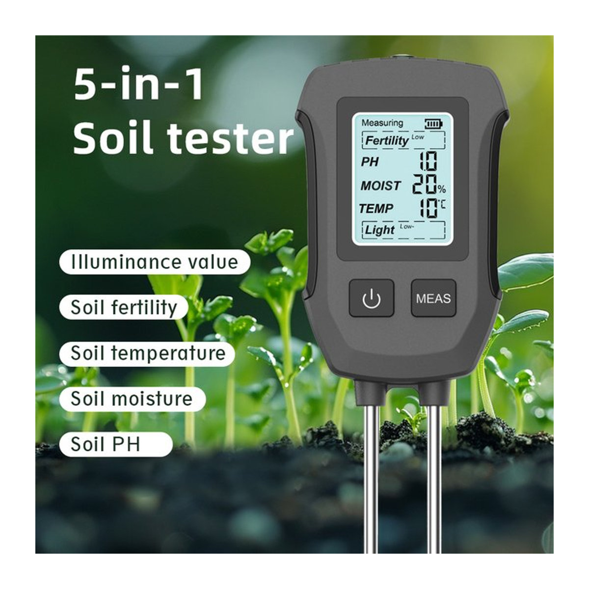 JUANJUAN 5-in-1 digitaler Bodentester zur Messung von Fruchtbarkeit, Feuchtigkeit, pH-Wert, Temperatur und Sonnenlicht mit Hintergrundbeleuchtung für Garten und Landwirtschaft - Bild 1