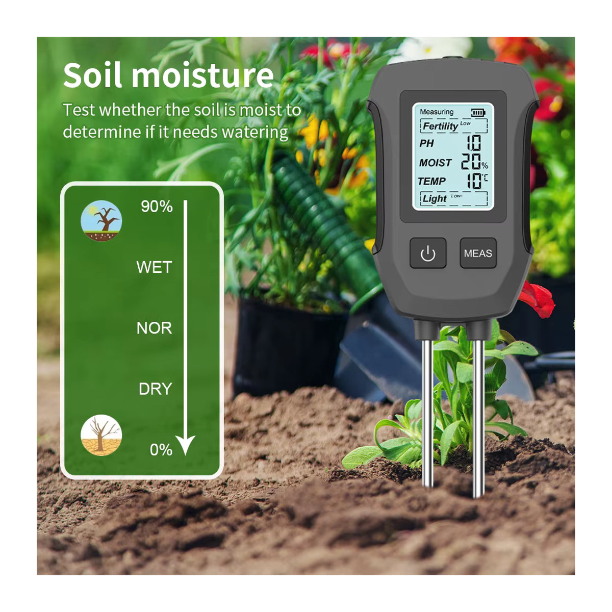 JUANJUAN 5-in-1 digitaler Bodentester zur Messung von Fruchtbarkeit, Feuchtigkeit, pH-Wert, Temperatur und Sonnenlicht mit Hintergrundbeleuchtung für Garten und Landwirtschaft - Bild 2