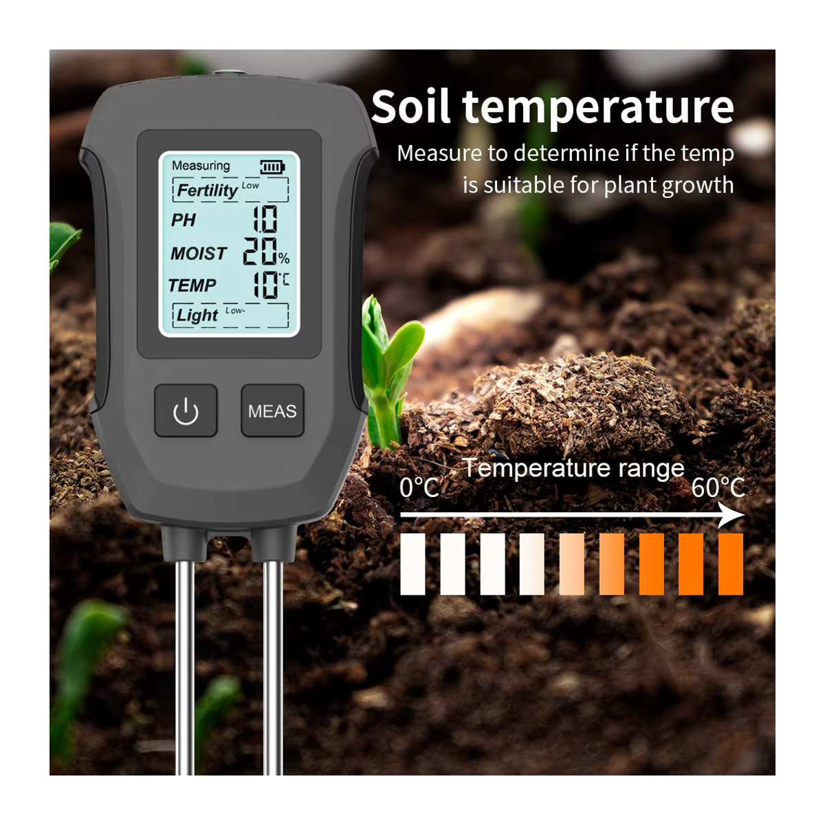 JUANJUAN 5-in-1 digitaler Bodentester zur Messung von Fruchtbarkeit, Feuchtigkeit, pH-Wert, Temperatur und Sonnenlicht mit Hintergrundbeleuchtung für Garten und Landwirtschaft - Bild 3