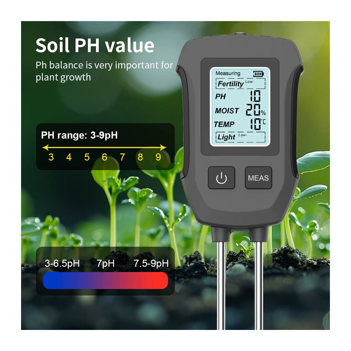 JUANJUAN 5-in-1 digitaler Bodentester zur Messung von Fruchtbarkeit, Feuchtigkeit, pH-Wert, Temperatur und Sonnenlicht mit Hintergrundbeleuchtung für Garten und Landwirtschaft - Bild 4