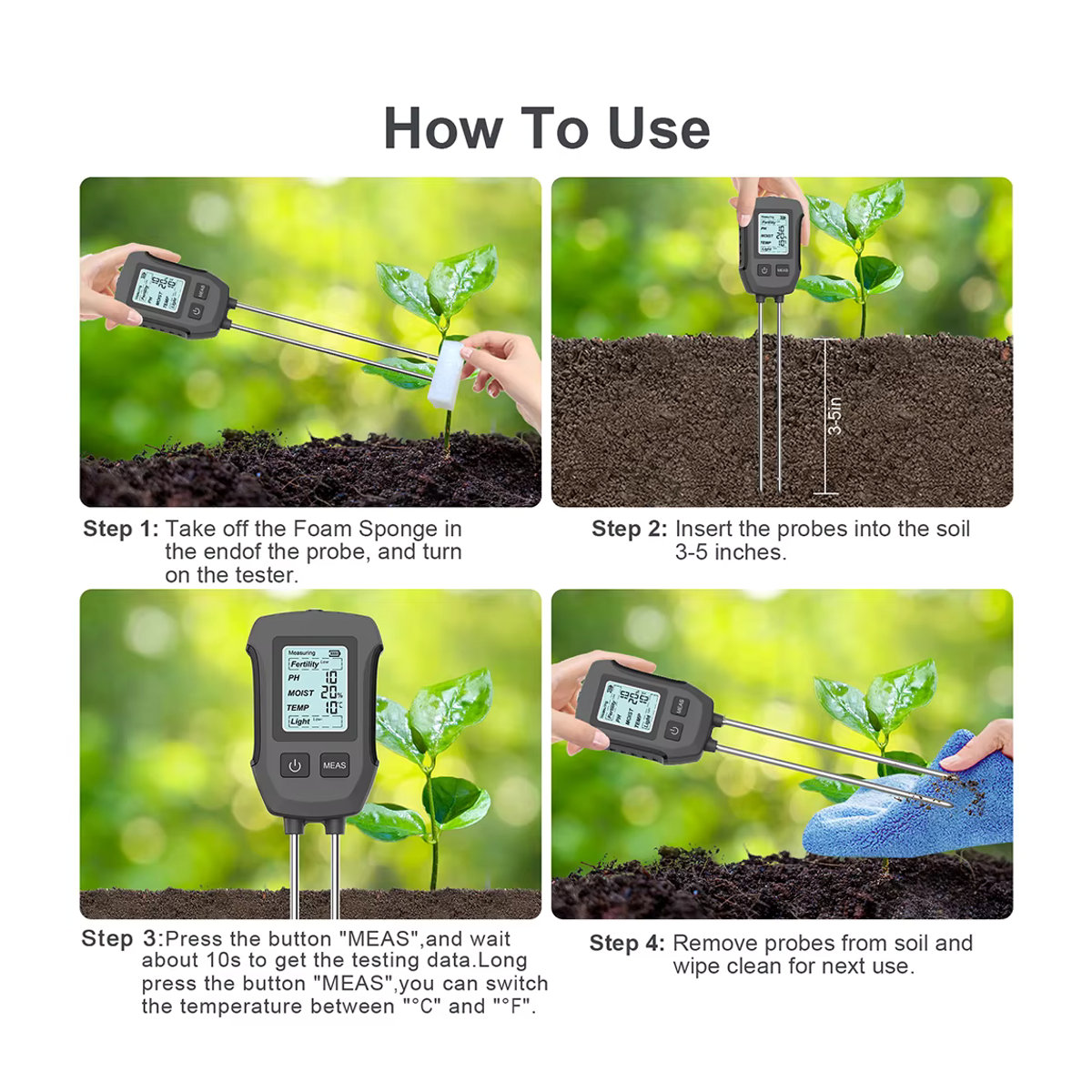 JUANJUAN 5-in-1 digitaler Bodentester zur Messung von Fruchtbarkeit, Feuchtigkeit, pH-Wert, Temperatur und Sonnenlicht mit Hintergrundbeleuchtung für Garten und Landwirtschaft - Bild 6