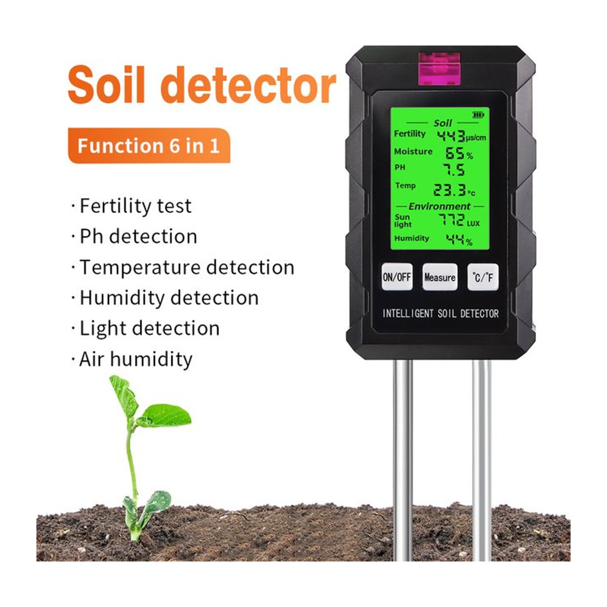 JUANJUAN 6-in-1 Bodentester für hohe Genauigkeit von pH-Wert, Temperatur, Luftfeuchtigkeit, Sonnenlicht und Nährstoffen zur Gartenarbeit - Bild 1