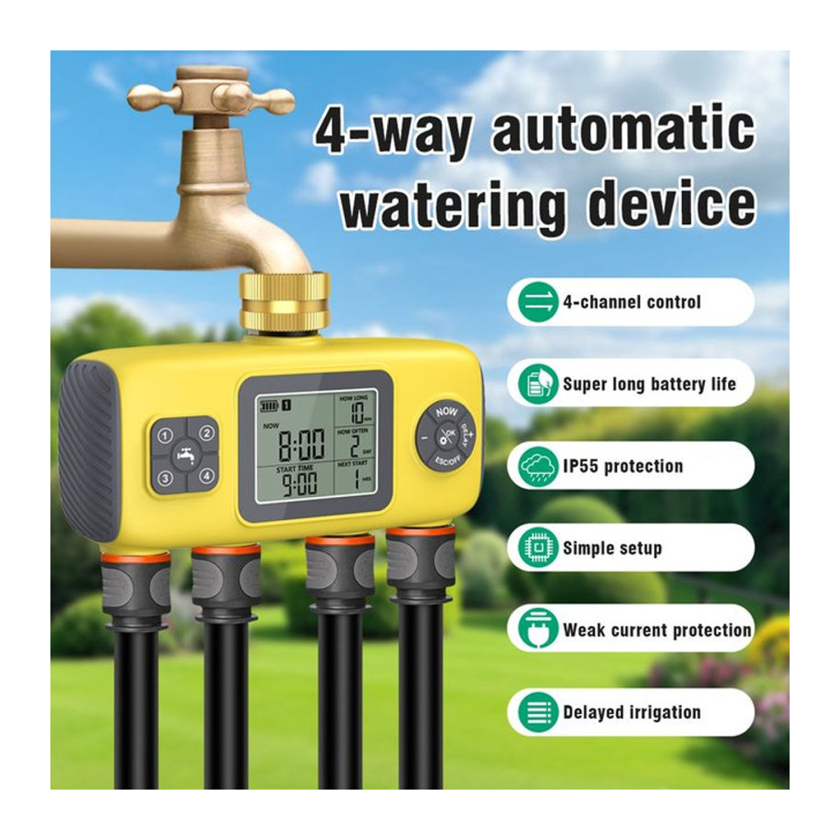 JUANJUAN Automatischer Wassertimer mit 4 Ausgängen für die Gartenbewässerung in Gelb - Bild 1