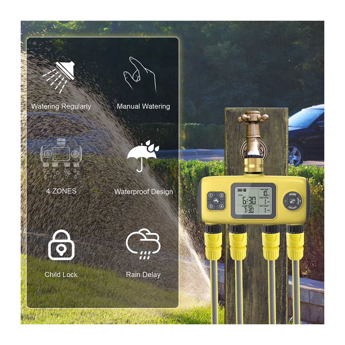 JUANJUAN Automatischer Wassertimer mit 4 Ausgängen für die Gartenbewässerung in Gelb - Bild 3