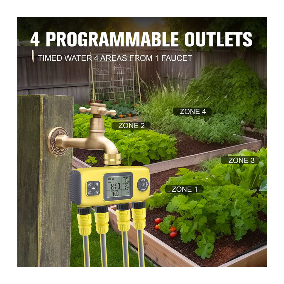 JUANJUAN Automatischer Wassertimer mit 4 Ausgängen für die Gartenbewässerung in Gelb - Bild 4