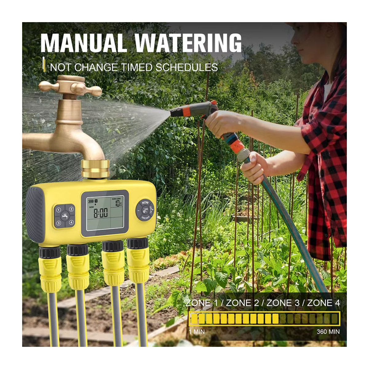 JUANJUAN Automatischer Wassertimer mit 4 Ausgängen für die Gartenbewässerung in Gelb - Bild 6