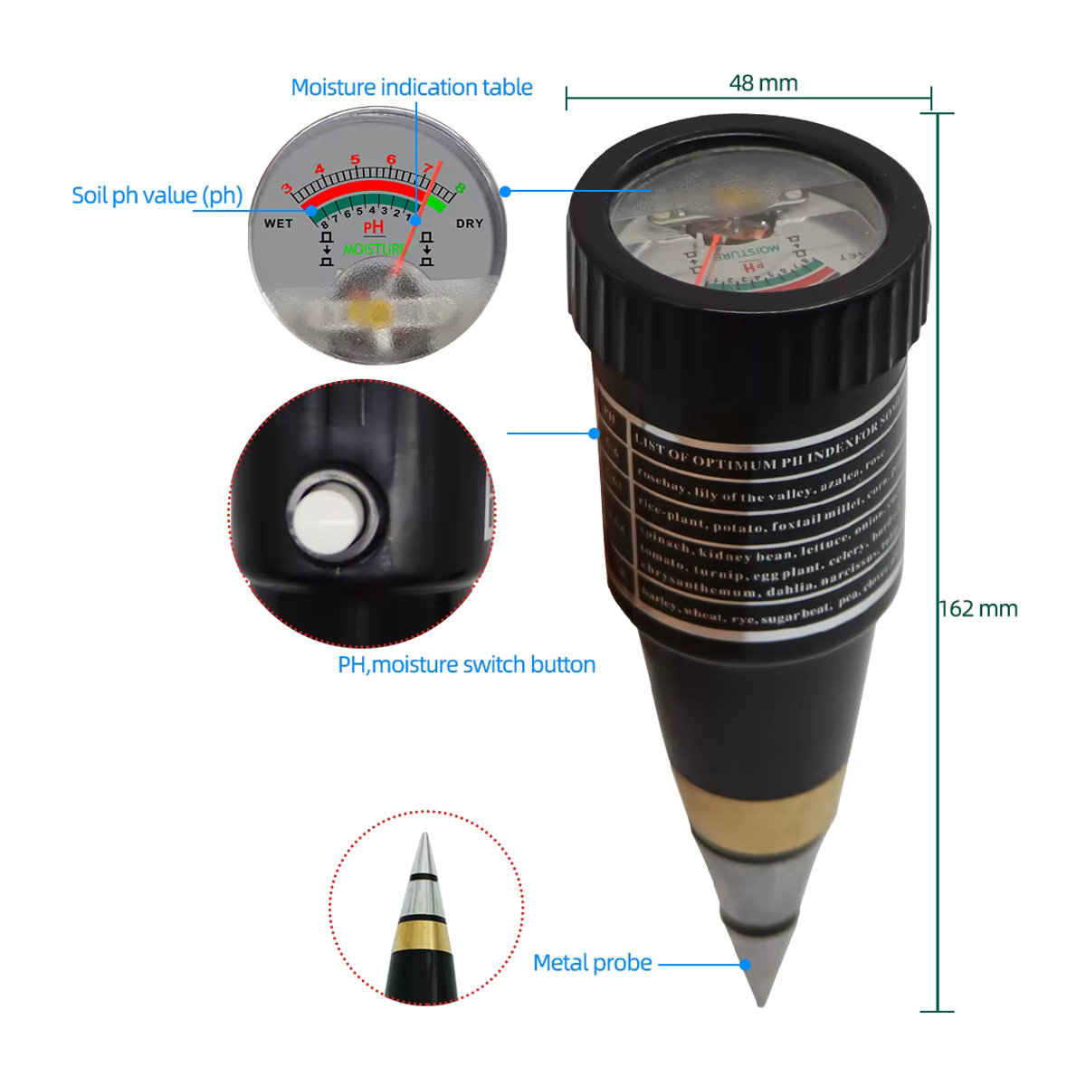 JUANJUAN Handheld Boden Feuchtigkeit und pH-Meter mit Metallsensor-Sonde für Pflanzen und Garten, Messbereich 3 bis 8 pH, ohne Batterie - Bild 2