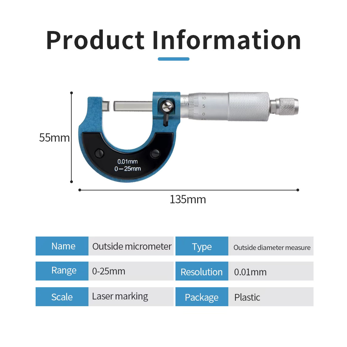 JUANJUAN Präzisions-Außenmikrometer Blau Messbereich 0-25mm mit 0,01mm Genauigkeit - Bild 6