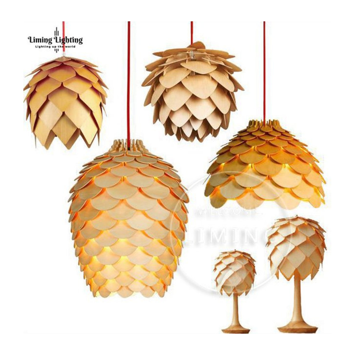 JUDU Pendelleuchte Nordic Modern Eiche Holz mit LED Tannenzapfen Design für Esszimmer und Restaurant in Natur - Bild 1