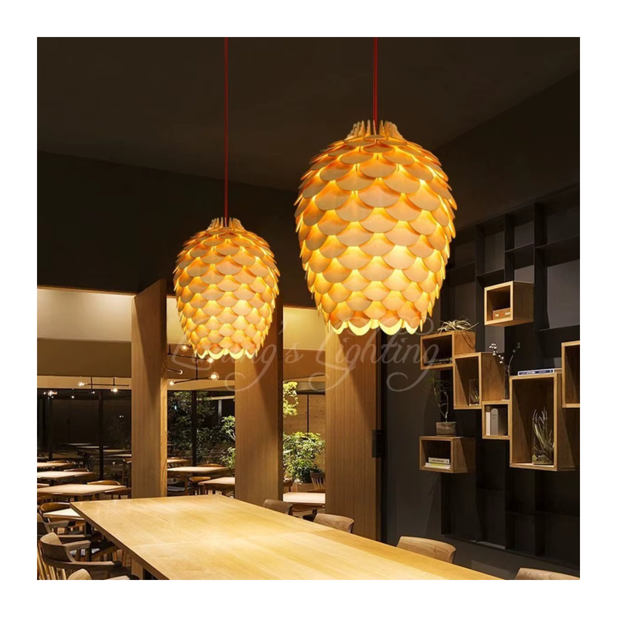 JUDU Pendelleuchte Nordic Modern Eiche Holz mit LED Tannenzapfen Design für Esszimmer und Restaurant in Natur - Bild 3