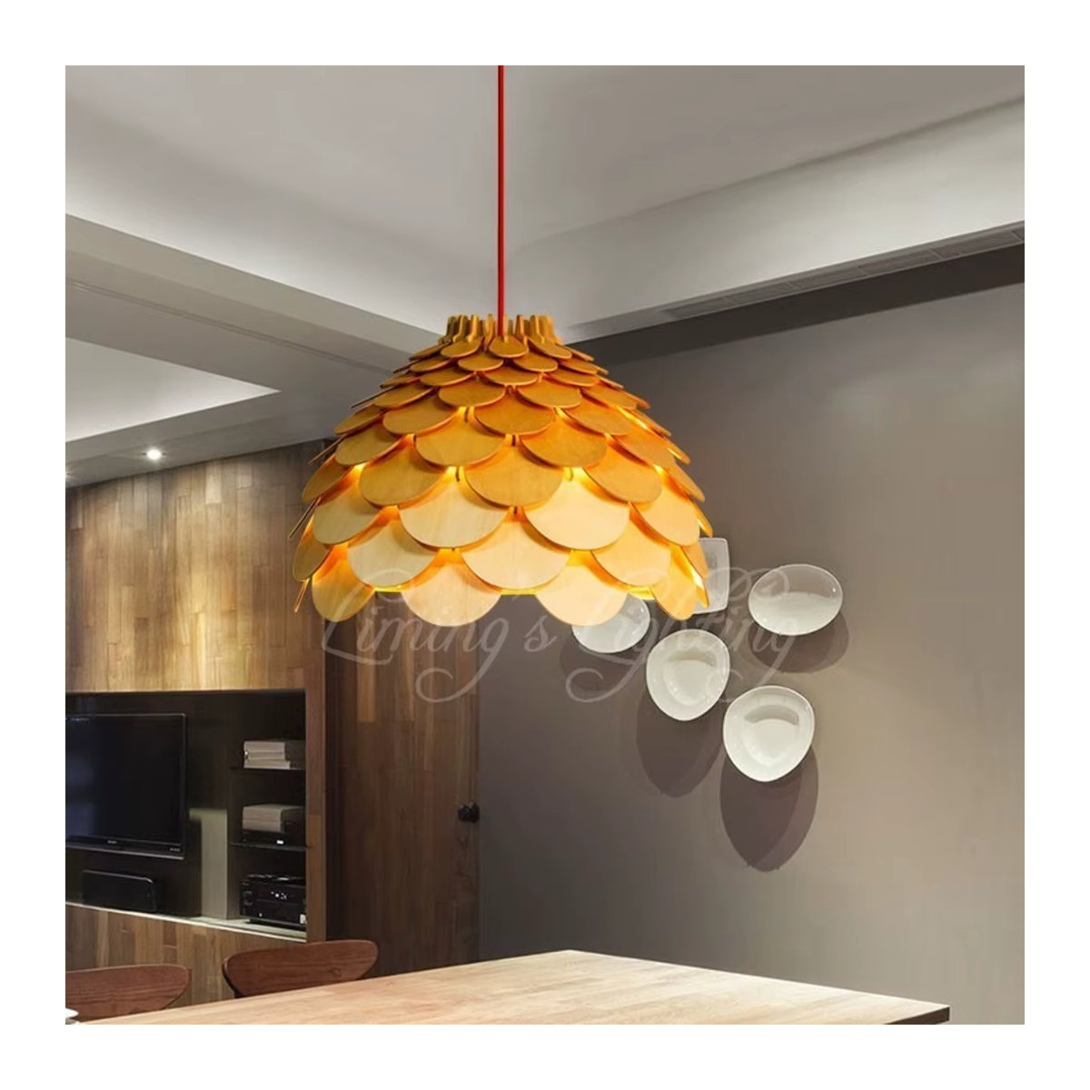 JUDU Pendelleuchte Nordic Modern Eiche Holz mit LED Tannenzapfen Design für Esszimmer und Restaurant in Natur - Bild 4