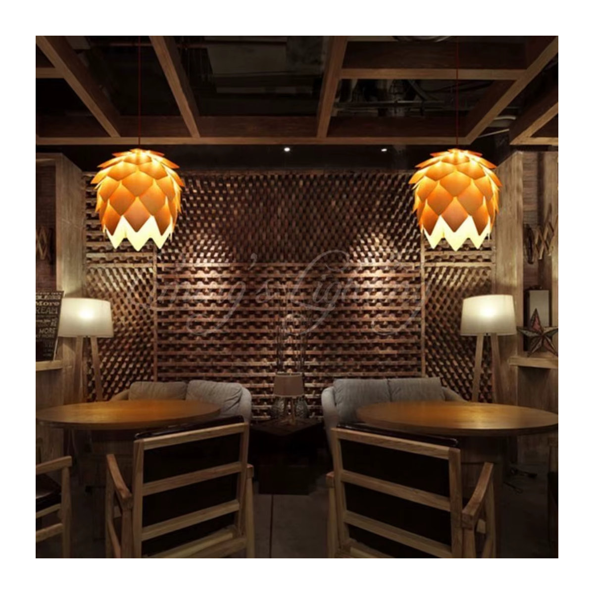 JUDU Pendelleuchte Nordic Modern Eiche Holz mit LED Tannenzapfen Design für Esszimmer und Restaurant in Natur - Bild 5