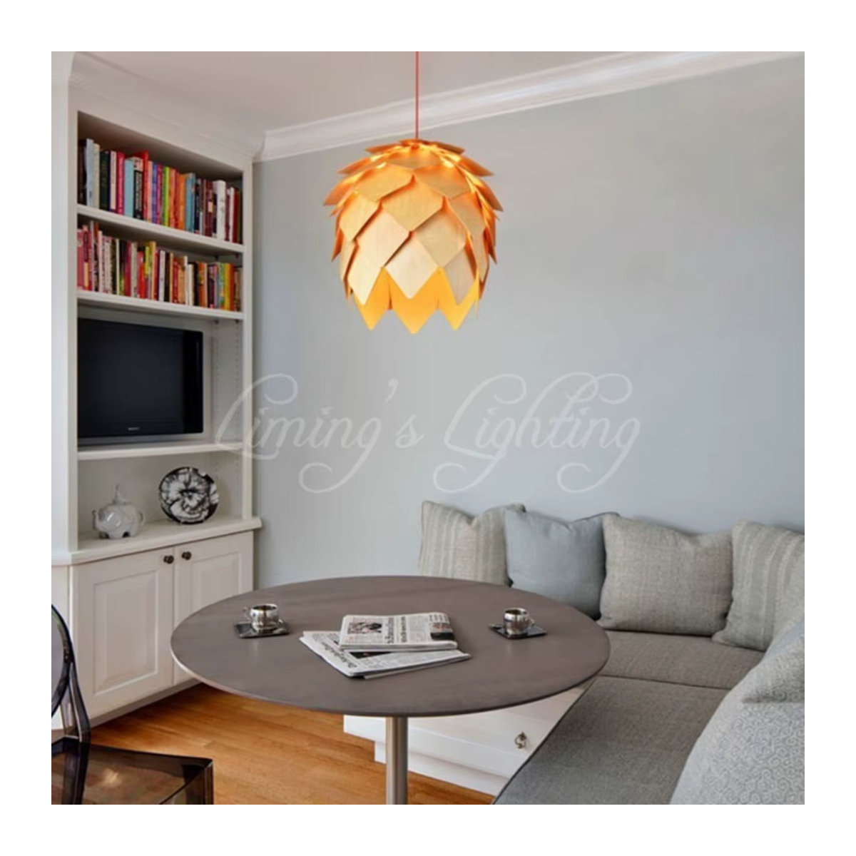 JUDU Pendelleuchte Nordic Modern Eiche Holz mit LED Tannenzapfen Design für Esszimmer und Restaurant in Natur - Bild 6