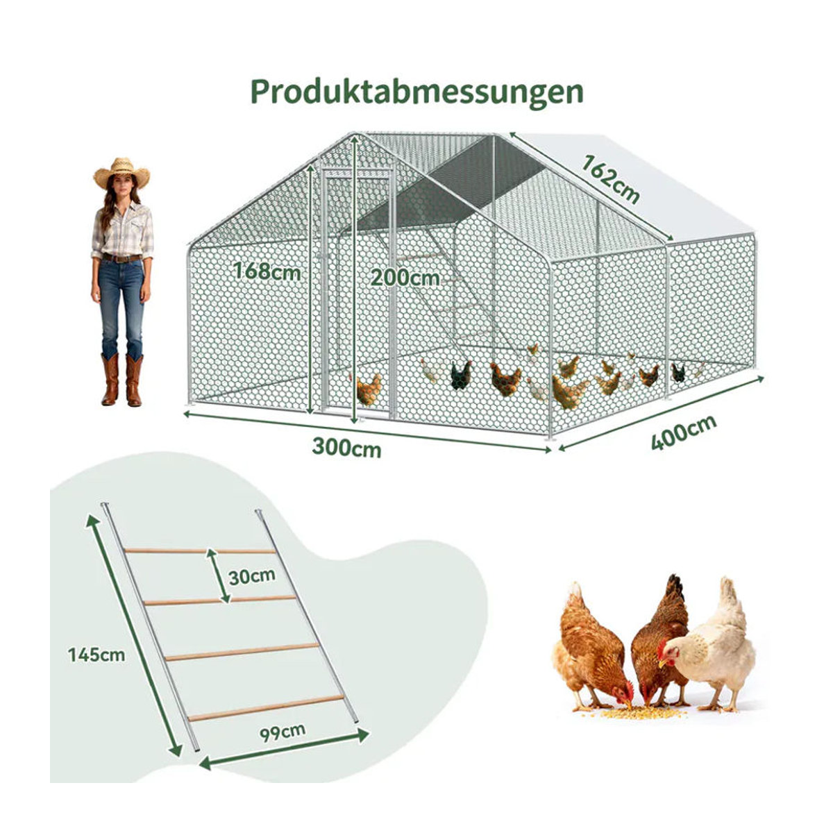 Jugacool Hühnerstall mit Sicherheitsverschluss und wasserdichtem PE-Gewebe sowie Metallhaken für Hühner und Kleintiere, B/H/T: 4 x 2 x 3 m - Bild 2