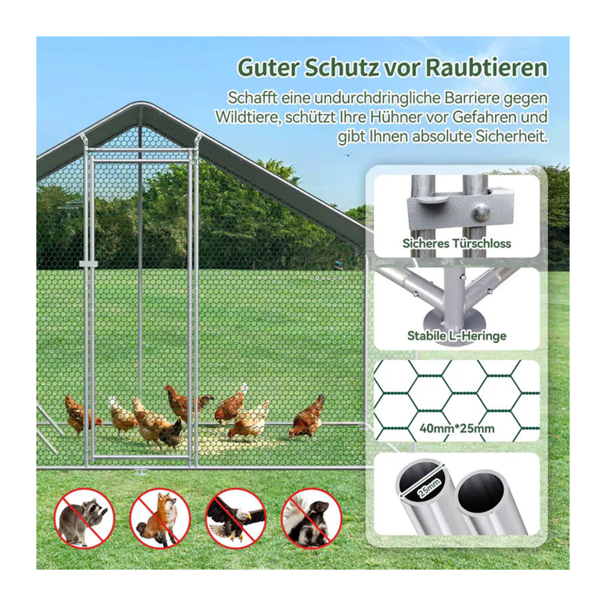 Jugacool Hühnerstall mit Sicherheitsverschluss und wasserdichtem PE-Gewebe sowie Metallhaken für Hühner und Kleintiere, B/H/T: 4 x 2 x 3 m - Bild 5