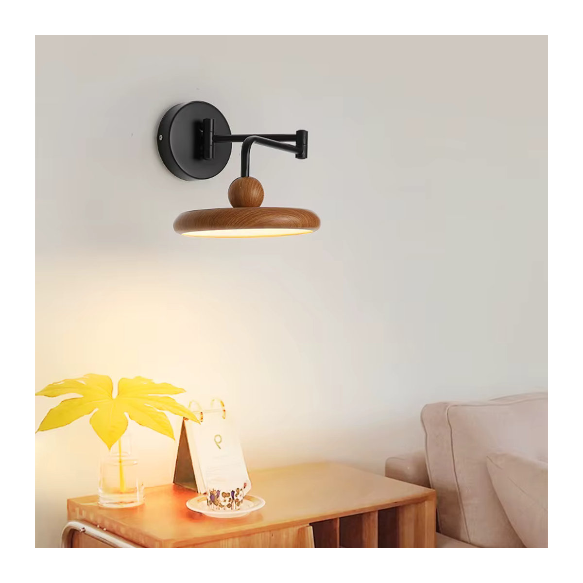 Juhaw Retro Wandlampe in Schwarz mit Holzoptik und beweglichem Gelenk für Schlafzimmer und Korridor - Bild 2