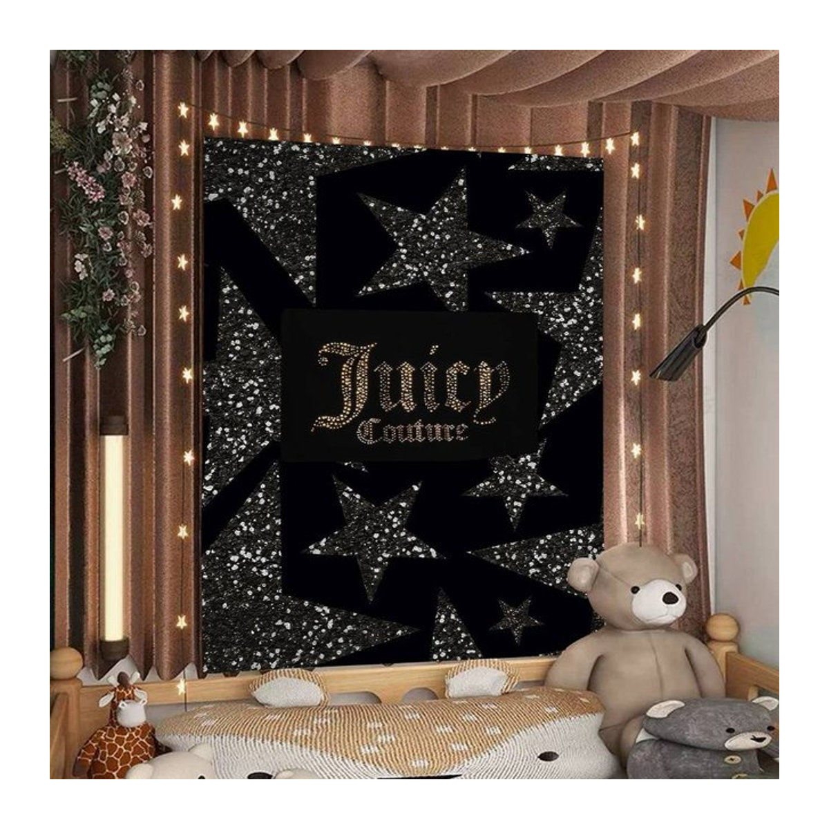 Juicy Couture Wandteppich Choose Juicy in Schwarz mit Kronen-Grafik im Vintage Y2K Preppy Stil, Rechteckig, B: 60 cm, H: 40 cm, T: 40 cm - Bild 1