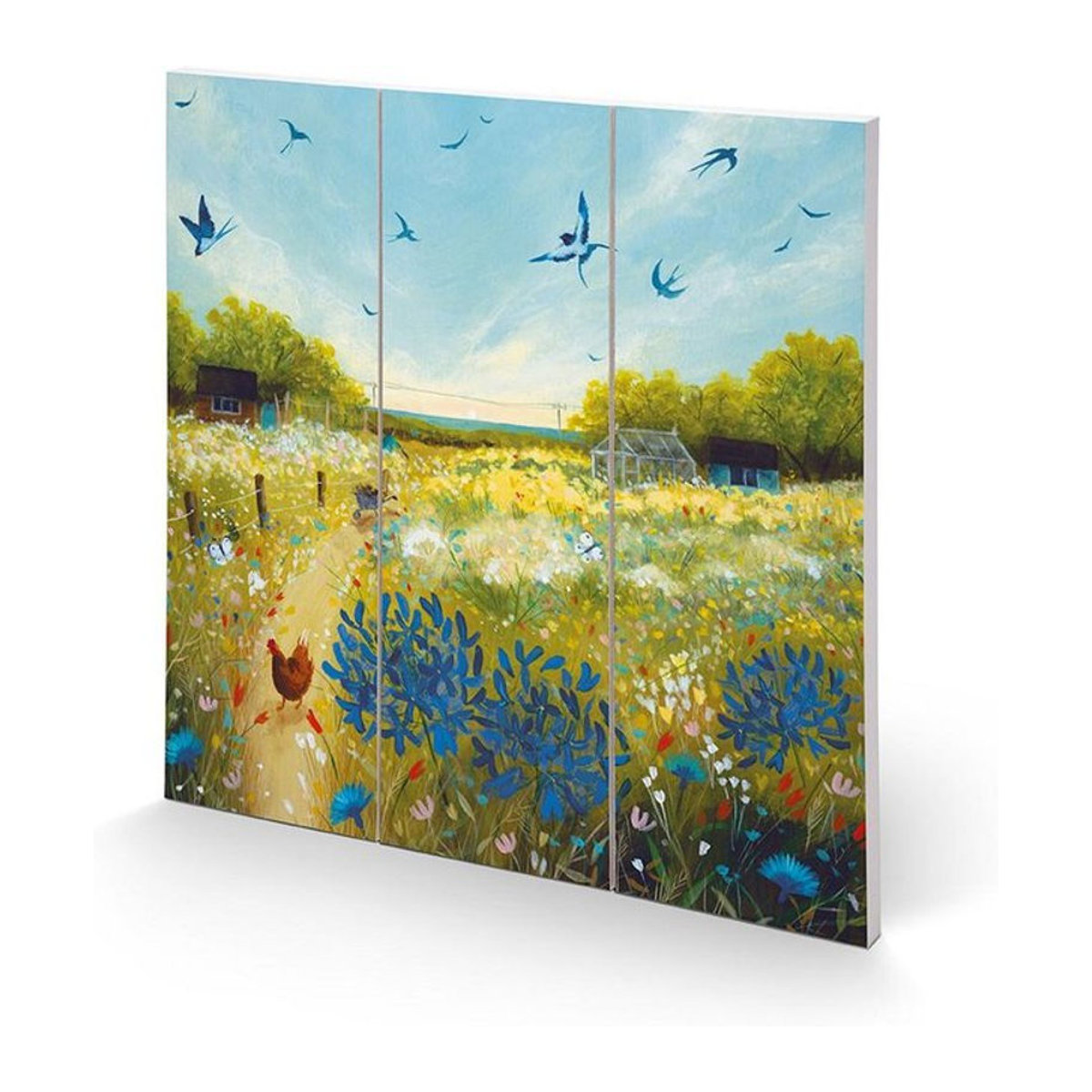 Julia Crossland Summer Meadow Quadratische Holzplakette mit Blumen und Vögeln in Blau und Grün, Breite: 30 cm, Höhe: 30 cm - Bild 1