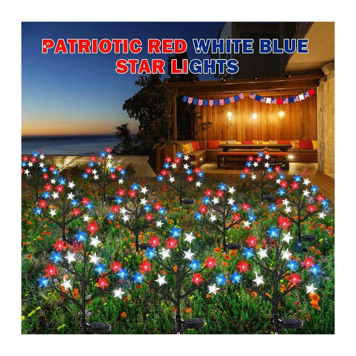 July Dekor Solar-Sternleuchten mit 15 LEDs in Rot, Weiß und Blau, wasserdichte Outdoor-Atmosphärenlichter - Bild 1