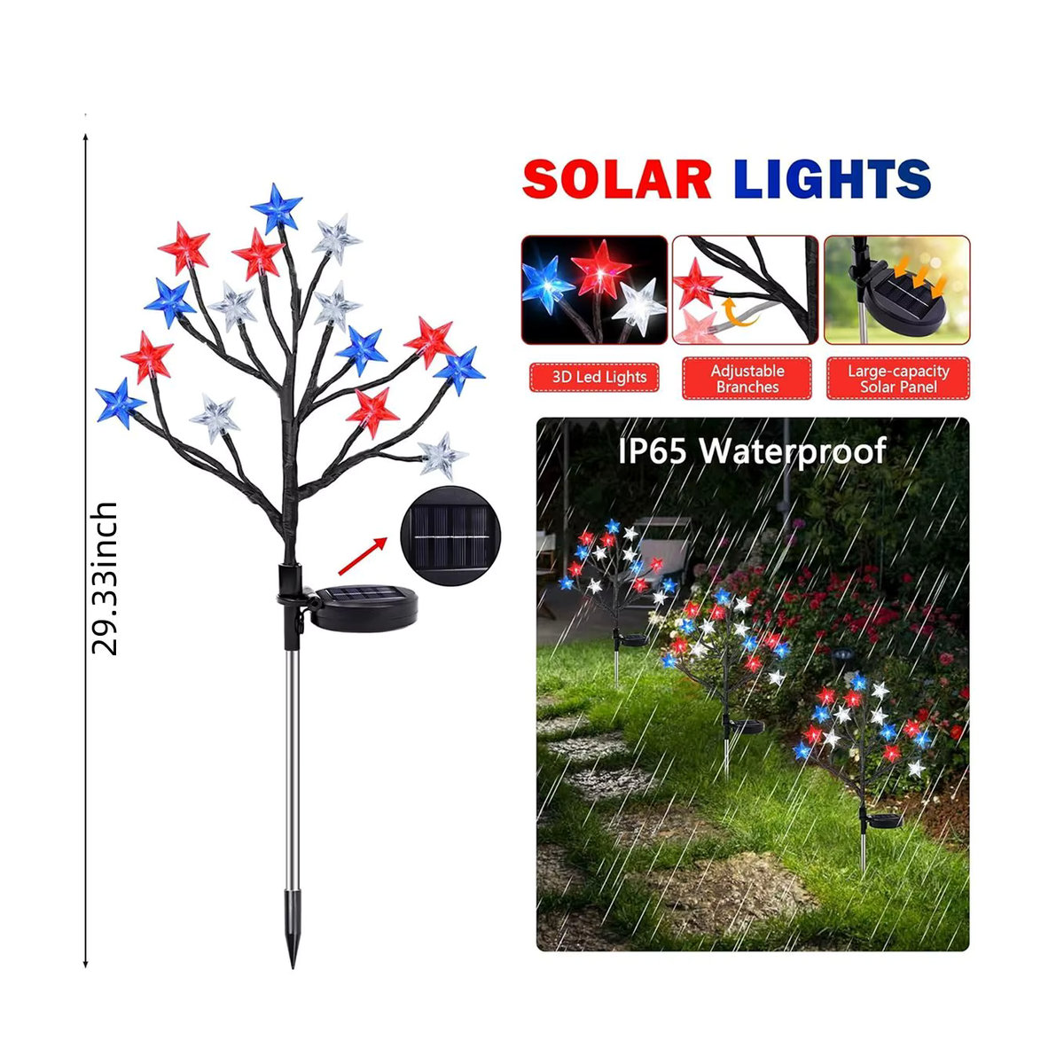 July Dekor Solar-Sternleuchten mit 15 LEDs in Rot, Weiß und Blau, wasserdichte Outdoor-Atmosphärenlichter - Bild 2