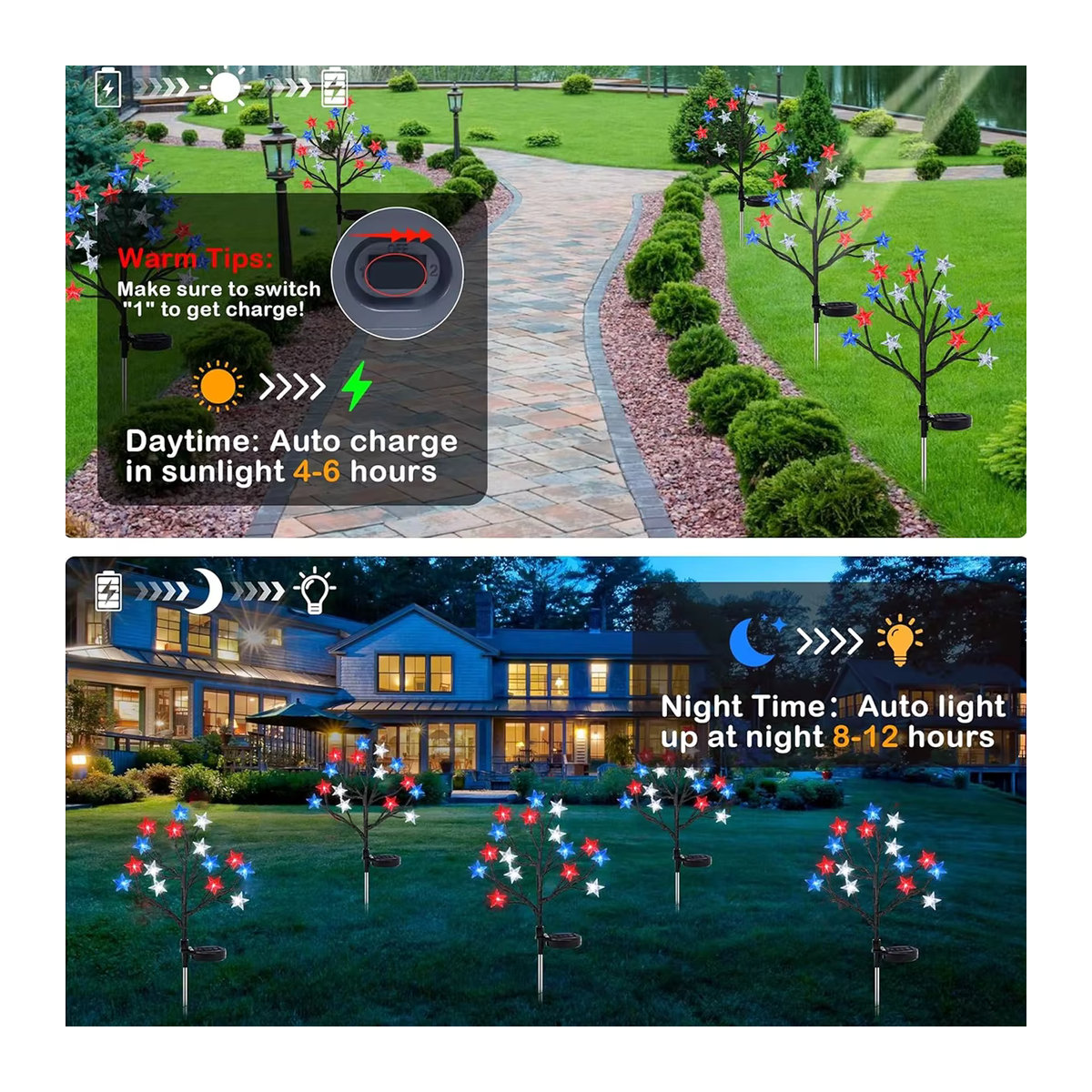 July Dekor Solar-Sternleuchten mit 15 LEDs in Rot, Weiß und Blau, wasserdichte Outdoor-Atmosphärenlichter - Bild 3