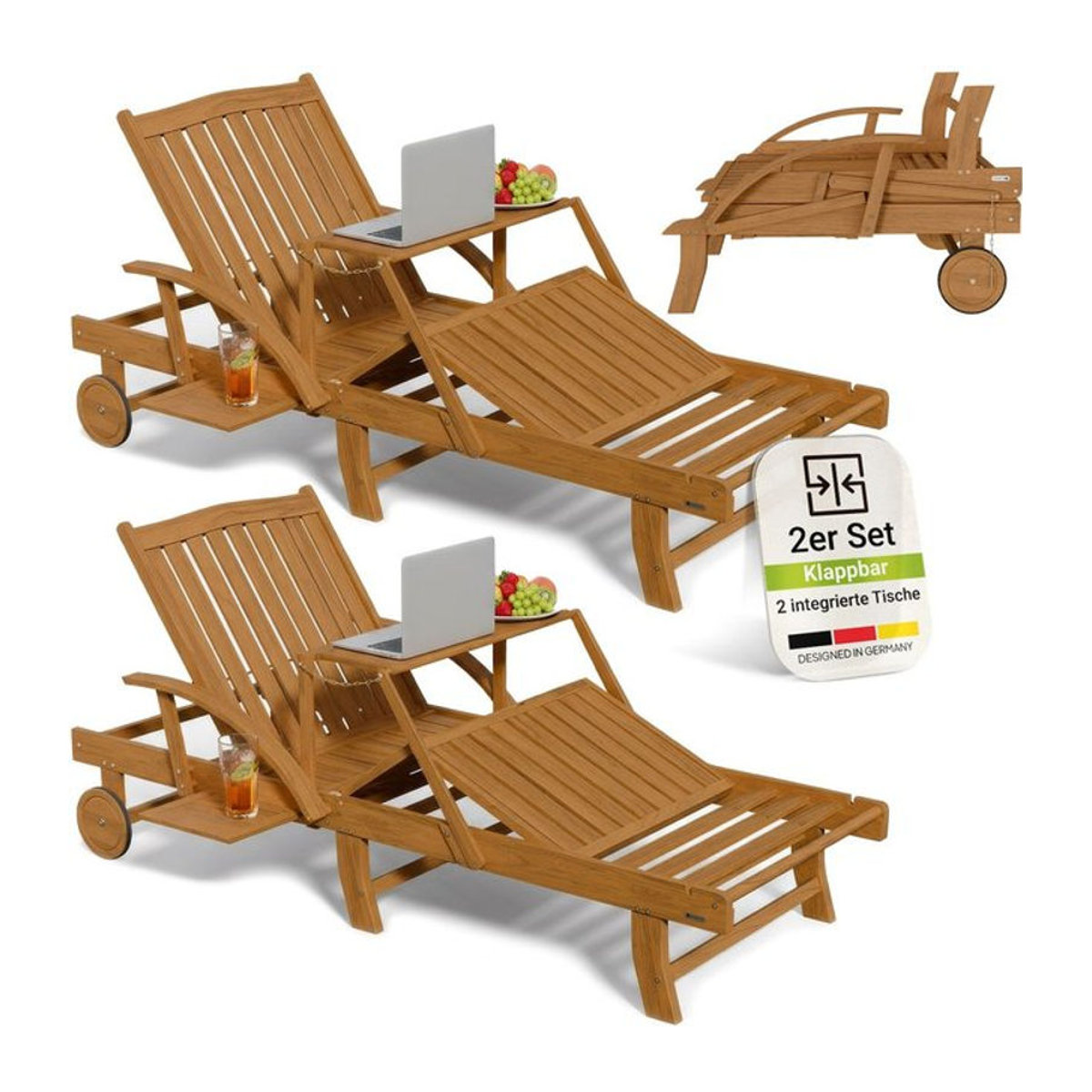 Juskys 2er Set Sonnenliege SunScape aus Akazie in Natur, klappbare Gartenliegen inklusive Klapptisch, B/H/T: 196 x 72,5 x 30 cm - Bild 1