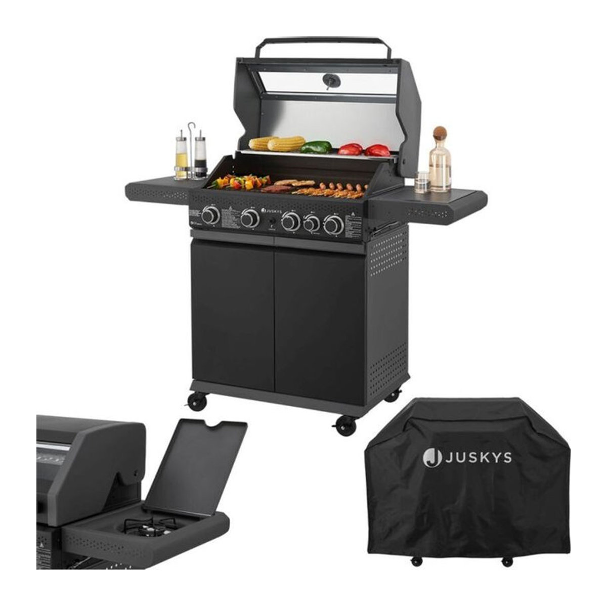Juskys BBQ Gasgrill Savannah in Anthrazit mit 4 Brennern, 1 Seitenbrenner, aus Stahl und mit Gusseisen Grillrost - Bild 1