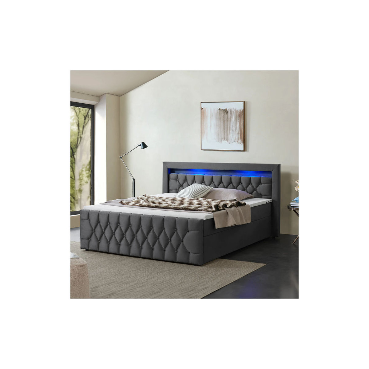 Juskys Boxspringbett Leona Polster Samt Grau B/T: 180 x 200 cm - Bild 3