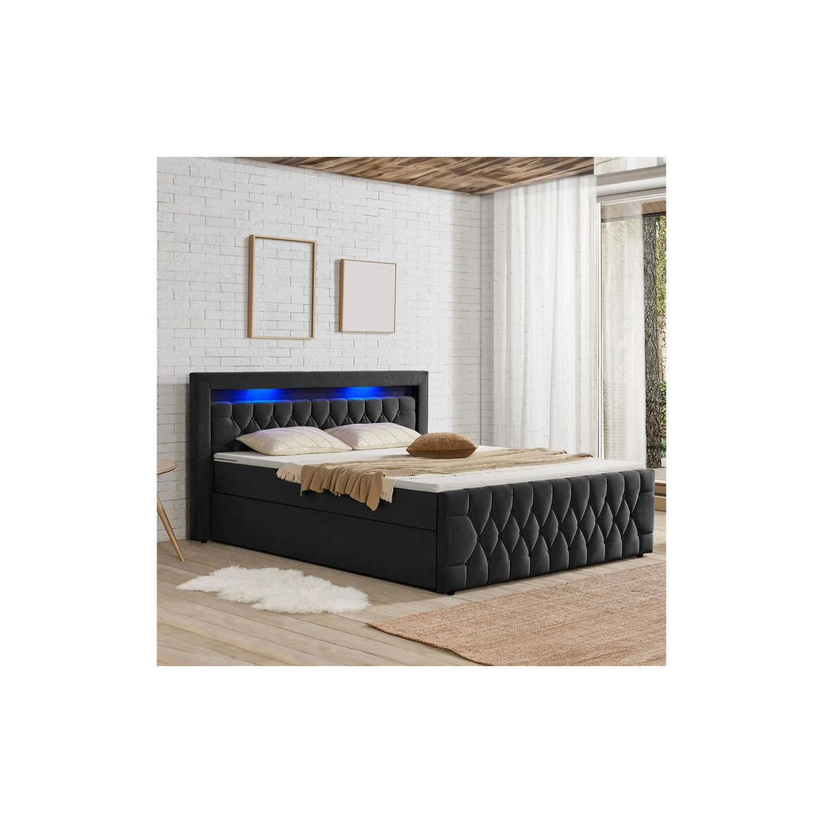 Juskys Boxspringbett Leona Samt Schwarz B/T/H: 140 x 200 cm - Bild 2