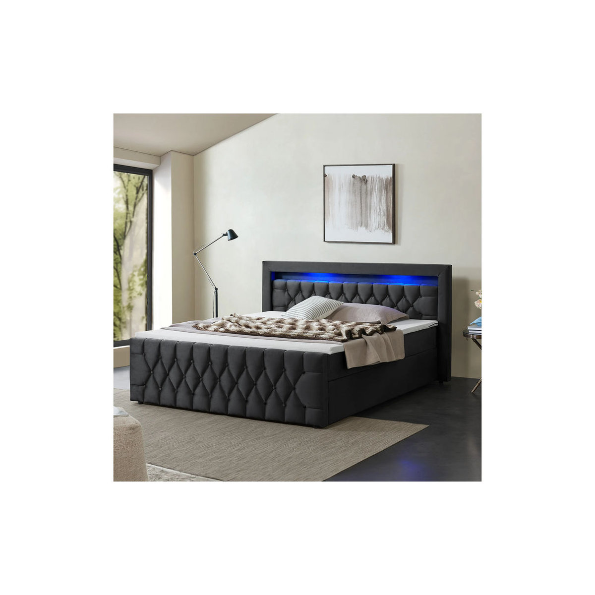 Juskys Boxspringbett Leona Samt Schwarz B/T/H: 140 x 200 cm - Bild 3