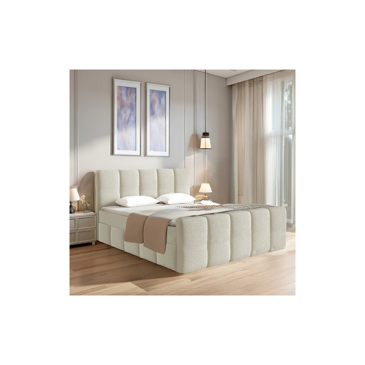 Juskys Boxspringbett Manitoba in Beige mit Topper und Polsterung aus Bouclé Stoff, B/T: 180 x 200 cm - Bild 2