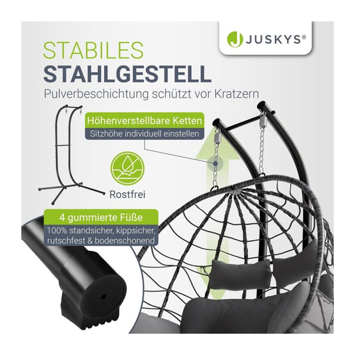 Juskys Doppelhängesessel Aria Polyrattan Gartensessel mit Gestell und Kissen für 2 Personen in Grau - Bild 1
