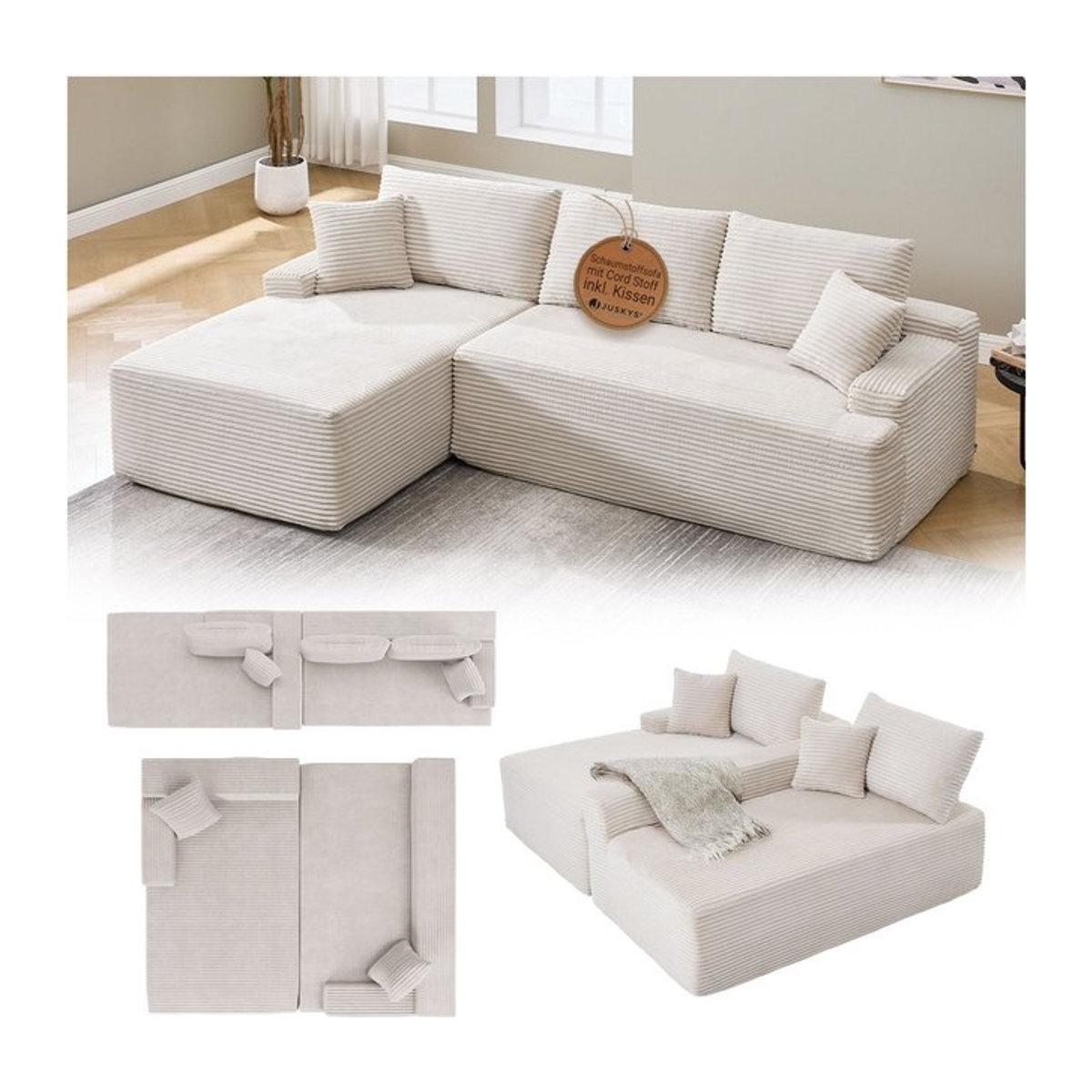 Juskys Ecksofa Coredo 3 Sitzer in L-Form mit Ottomane links, Cord in Beige, B/T/H: 250 x 165 x 85 cm - Bild 4