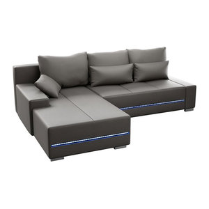 Juskys Ecksofa Davos Links in Hellgrau mit Schlaffunktion, Bettkasten, Samt und LED-Beleuchtung