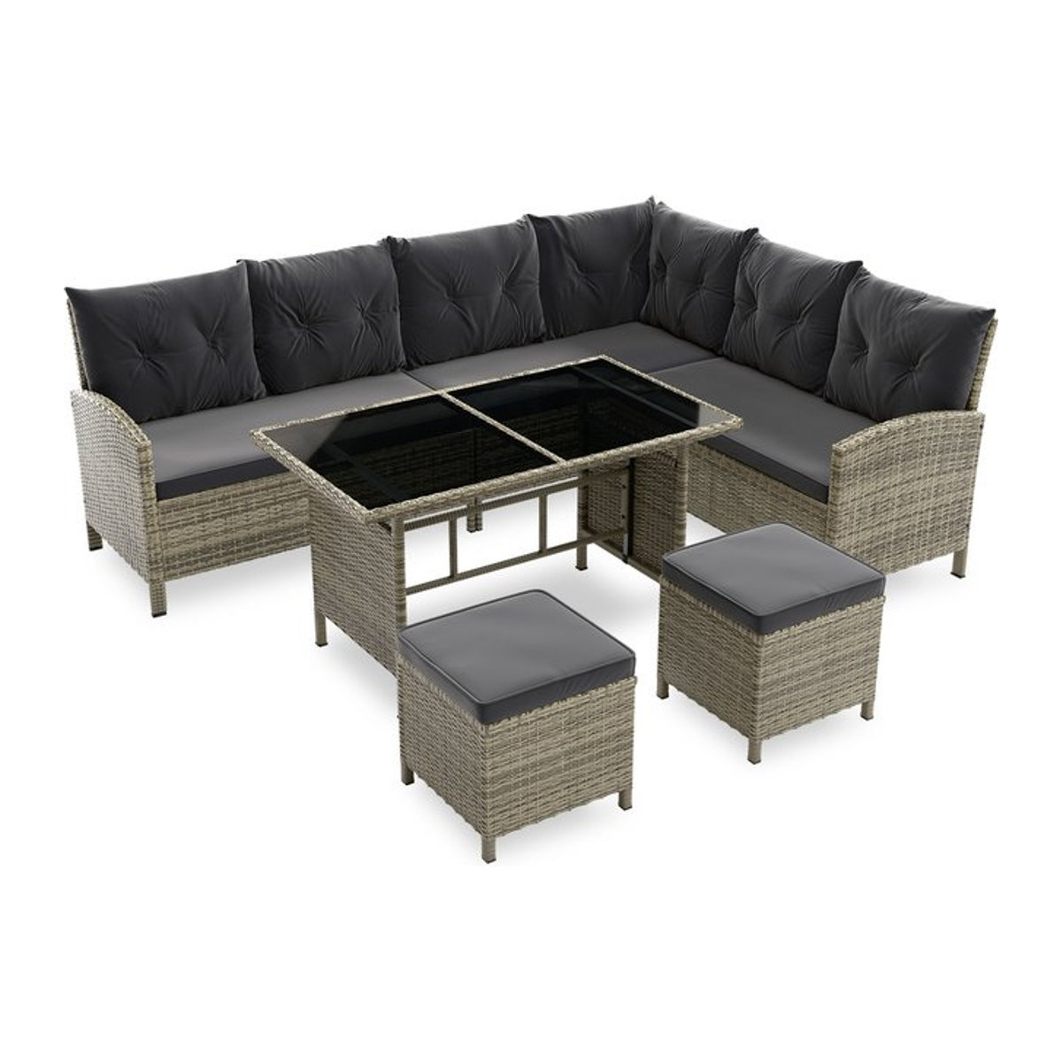 Juskys Gartenlounge Manacor Set für 8 Personen in Grau mit Rattan-Optik, Tisch, Hocker und Kissen - Bild 1