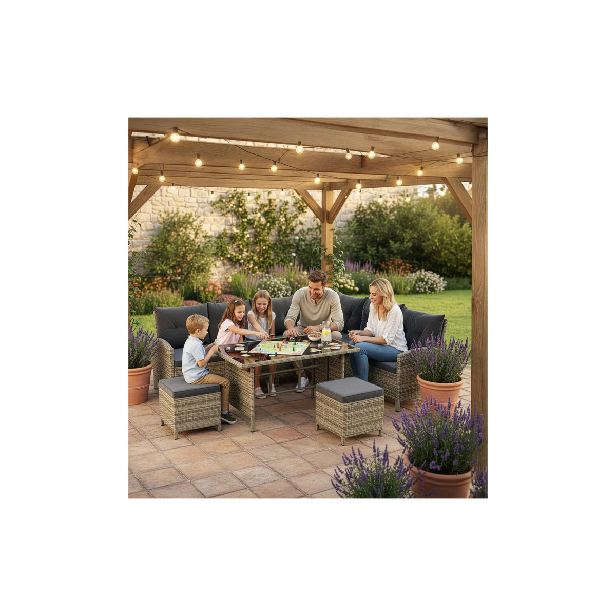 Juskys Gartenlounge Manacor Set für 8 Personen in Grau mit Rattan-Optik, Tisch, Hocker und Kissen - Bild 2