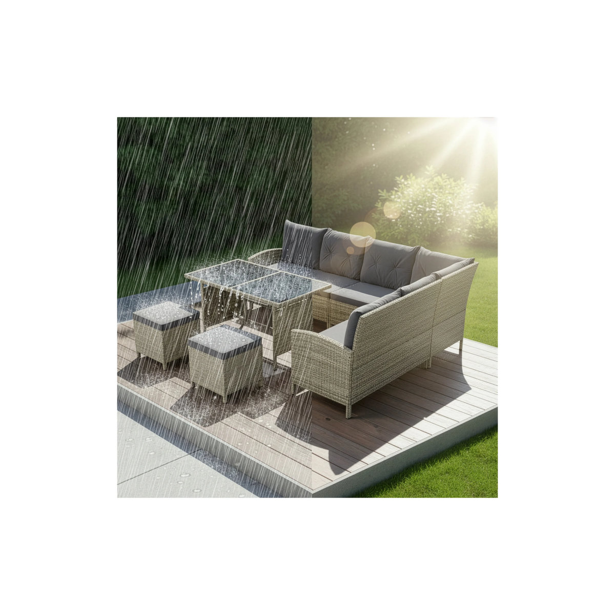 Juskys Gartenlounge Manacor Set für 8 Personen in Grau mit Rattan-Optik, Tisch, Hocker und Kissen - Bild 3