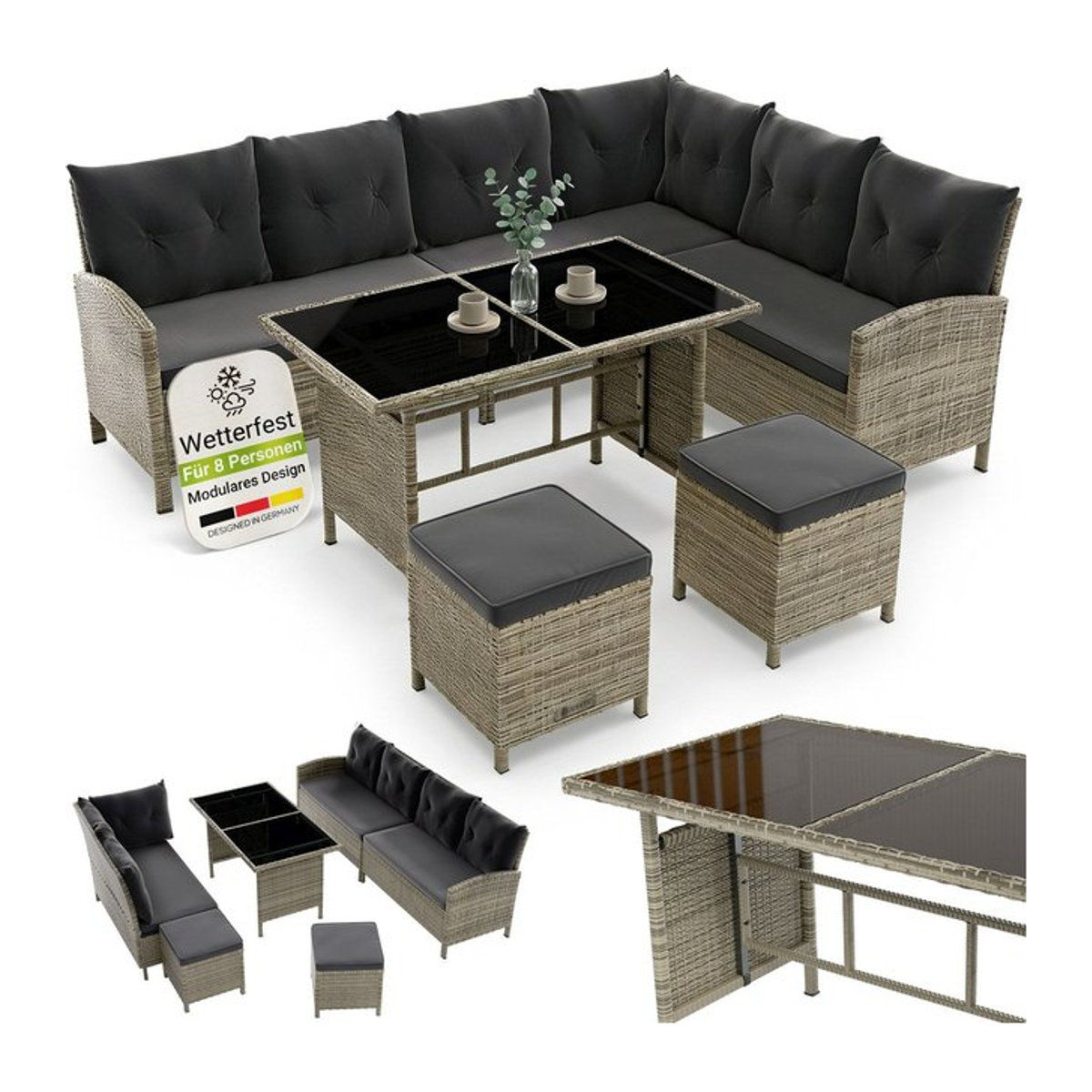 Juskys Gartenlounge Manacor Set für 8 Personen in Grau mit Rattan-Optik, Tisch, Hocker und Kissen - Bild 4