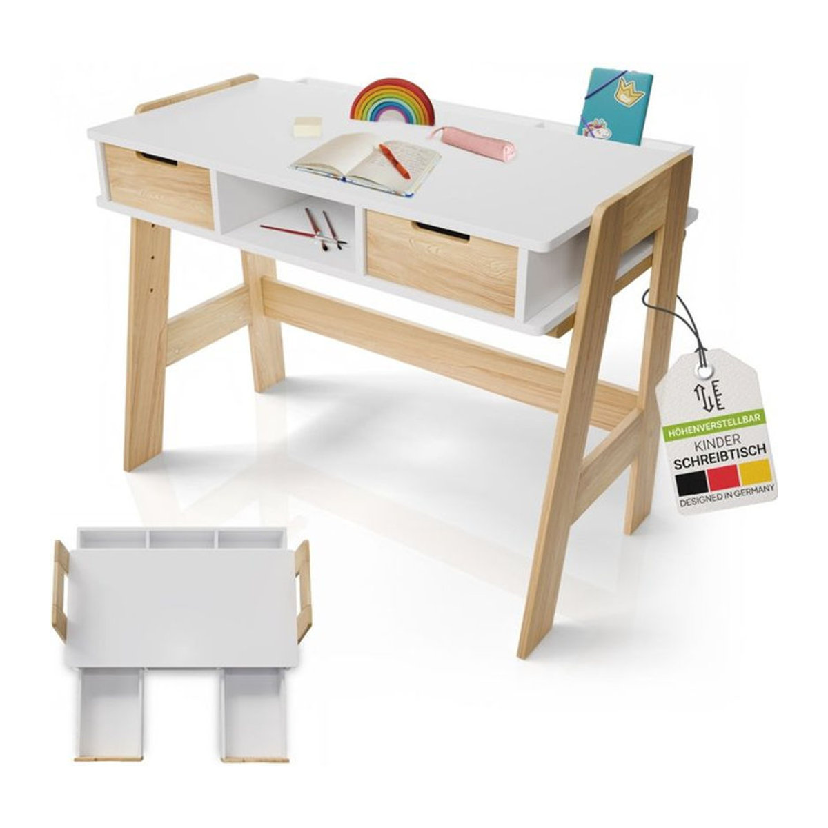 Juskys Kinder Schreibtisch Fietje in Weiß, höhenverstellbar mit 2 Schubladen und viel Stauraum, skandinavisches Design aus Holz - Bild 1