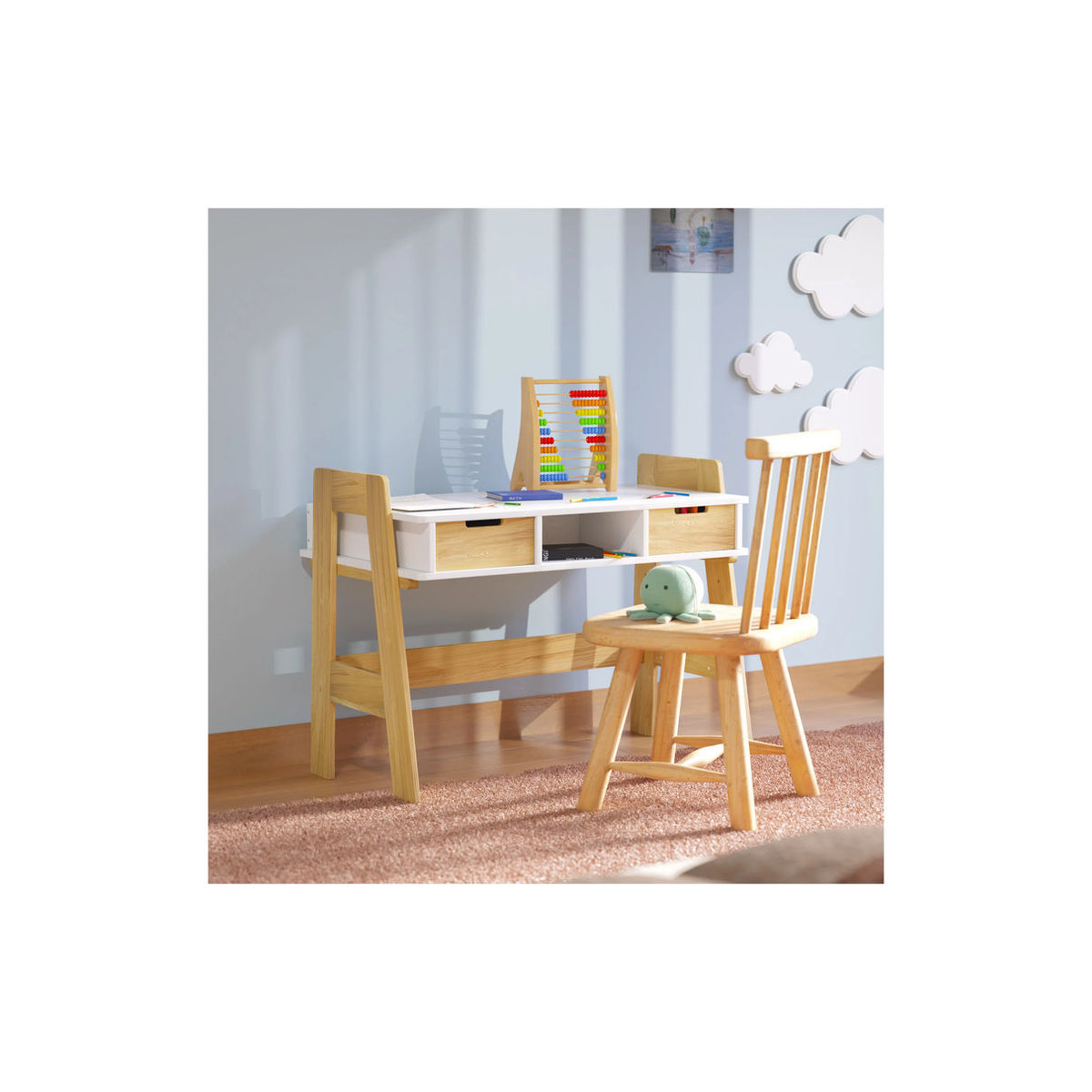 Juskys Kinder Schreibtisch Fietje in Weiß, höhenverstellbar mit 2 Schubladen und viel Stauraum, skandinavisches Design aus Holz - Bild 3