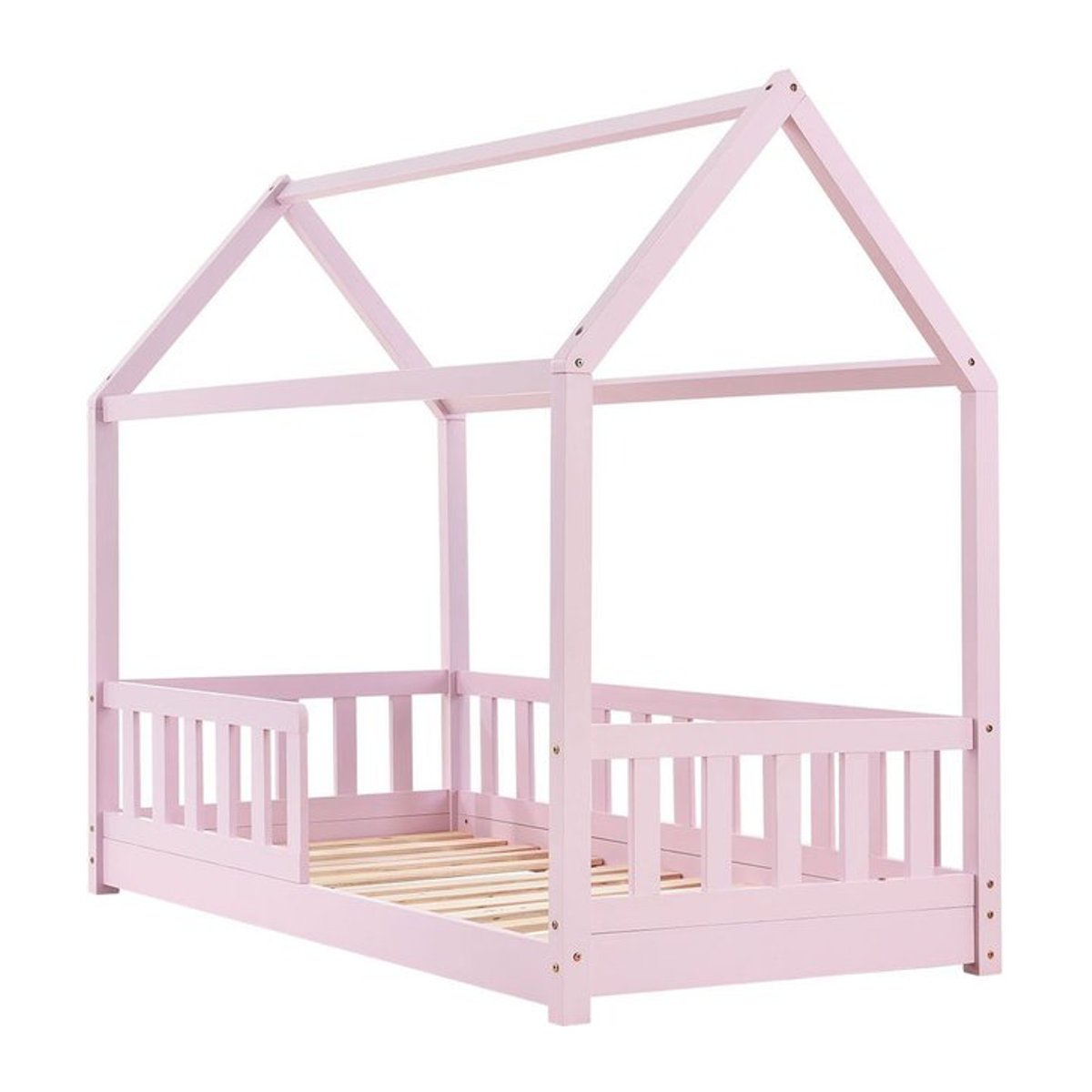 Juskys Kinderbett Marli Hausbett aus Kiefernholz in Rosa mit Rausfallschutz und Lattenrost, B/T: 160 x 80 cm - Bild 1