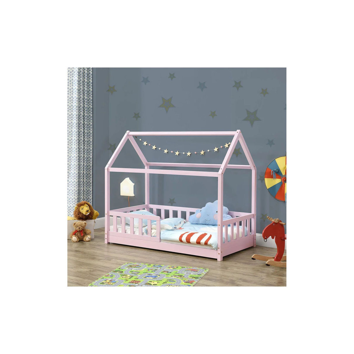 Juskys Kinderbett Marli Hausbett aus Kiefernholz in Rosa mit Rausfallschutz und Lattenrost, B/T: 160 x 80 cm - Bild 2