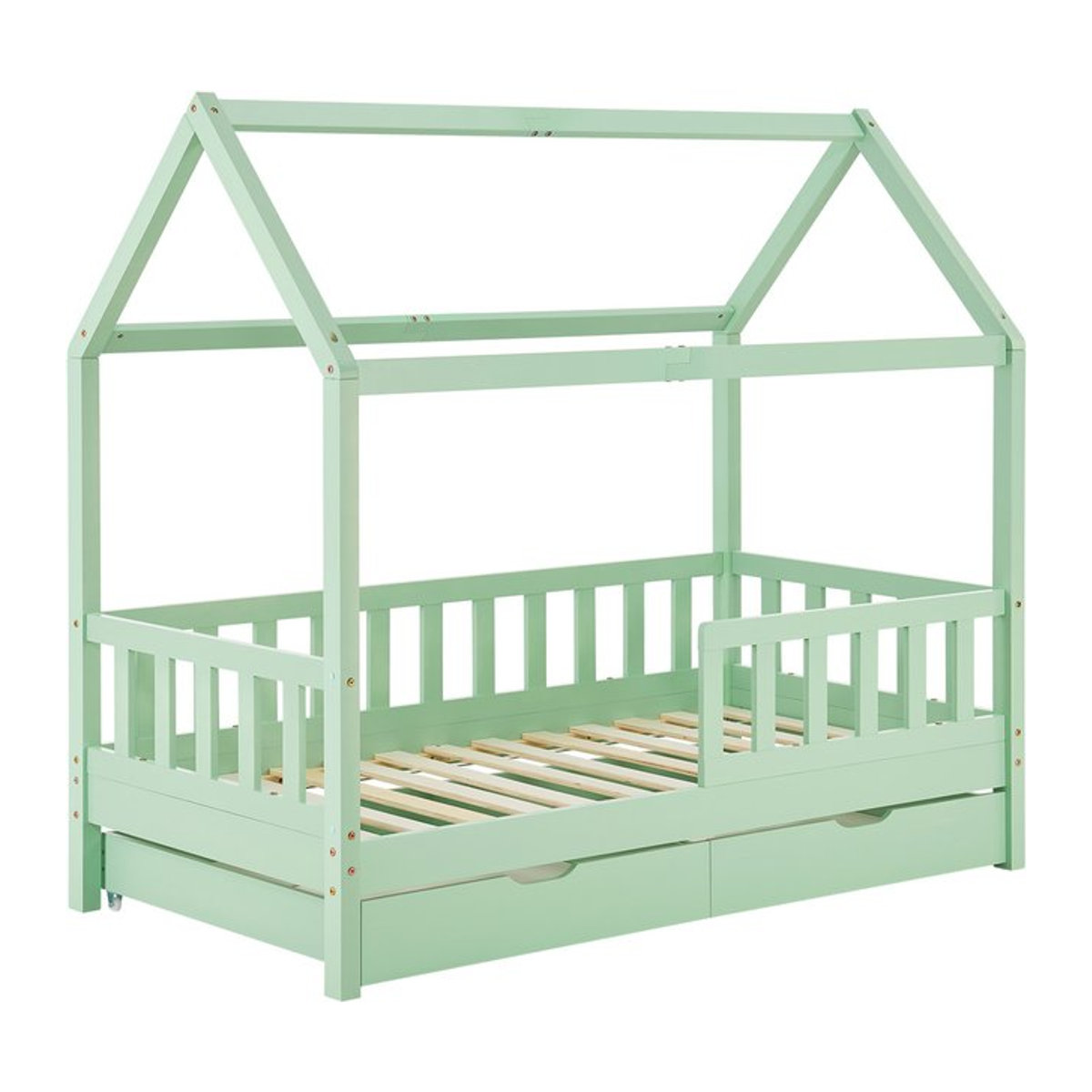 Juskys Kinderbett Marli Hausbett aus Kiefernholz mit Dach, Gitter, Lattenrost und Bettkasten in Mint, B/T/H: 90 x 200 x 152 cm - Bild 1