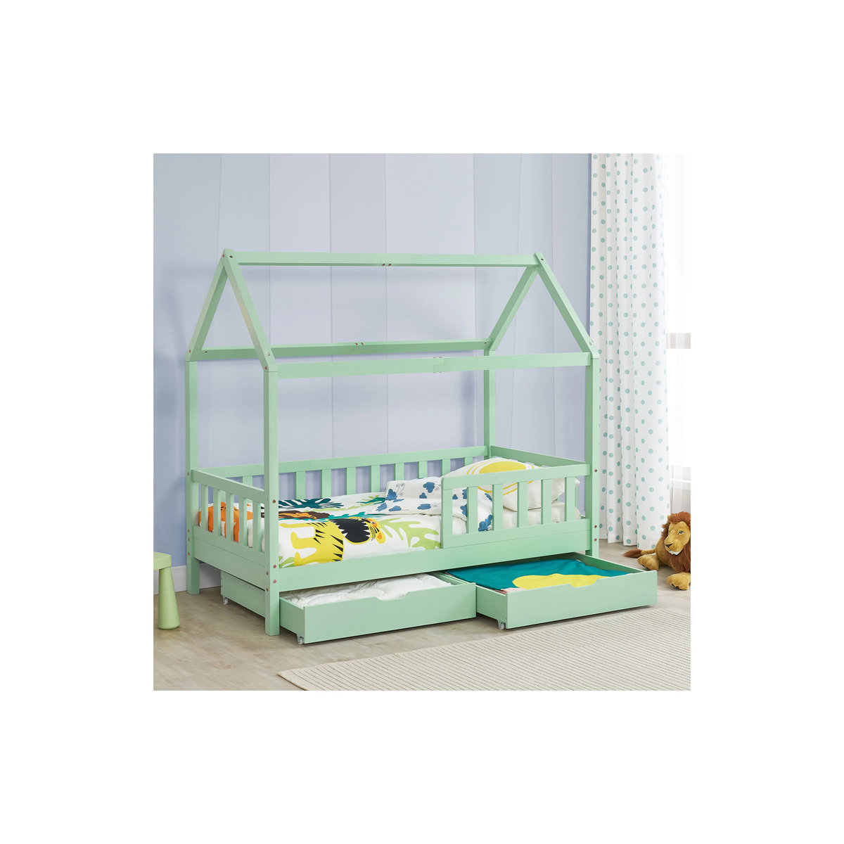 Juskys Kinderbett Marli Hausbett aus Kiefernholz mit Dach, Gitter, Lattenrost und Bettkasten in Mint, B/T/H: 90 x 200 x 152 cm - Bild 2